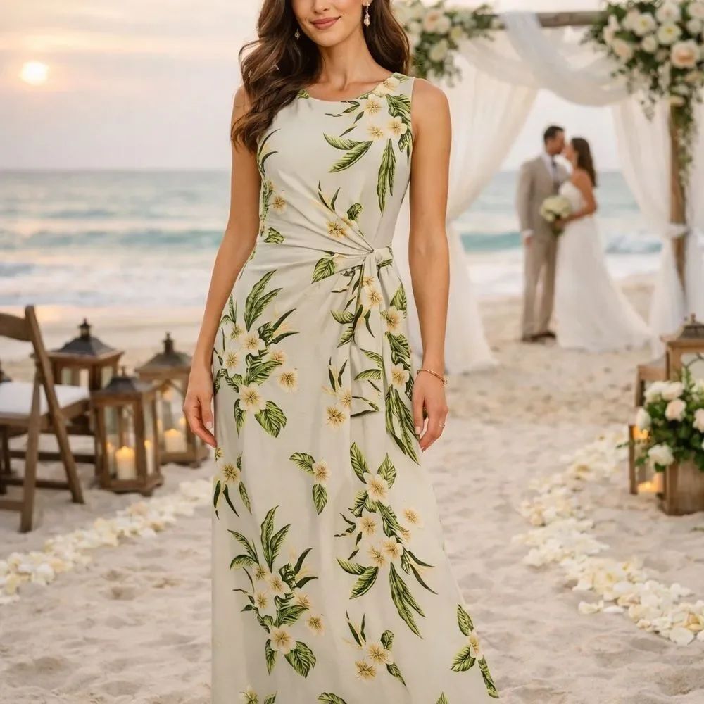 Land's End Maxi Dress Sleeveless Tie Cotton Modal light stone cream plumeria MT
